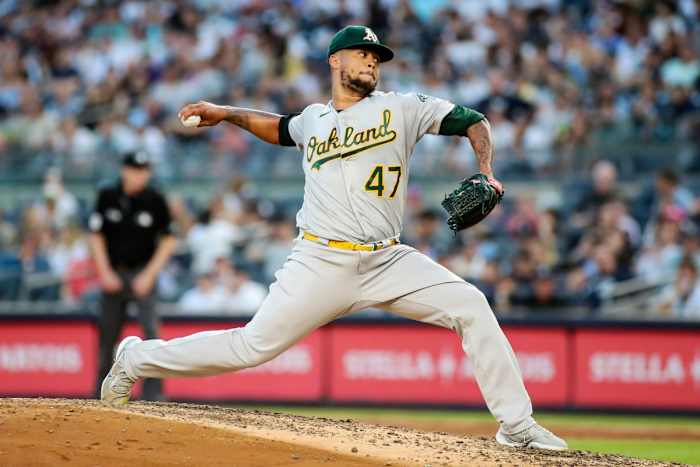 Jun 28, 2022; Bronx, New York, USA; Oakland Athletics starting pitcher Frankie Montas (47) pitches in the third inning against the New York Yankees at Yankee Stadium.